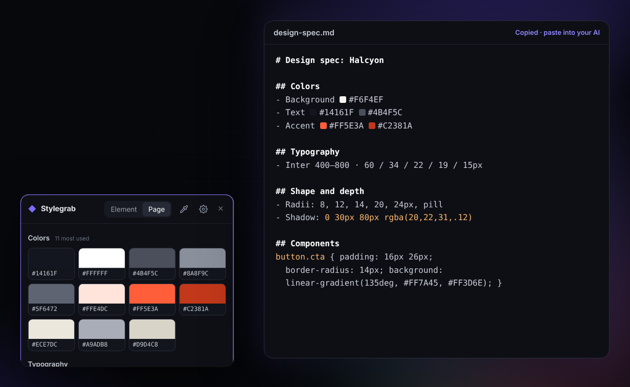 Page colors next to a Markdown design spec