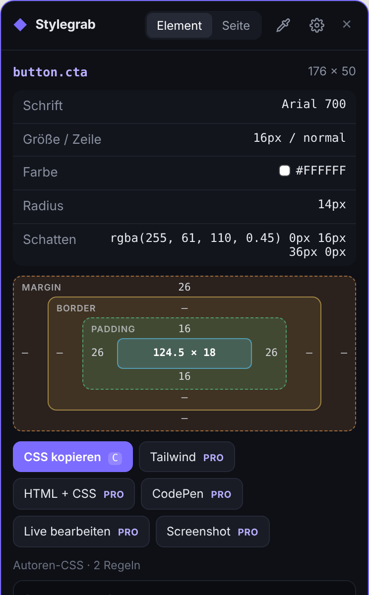 Stylegrab panel in German